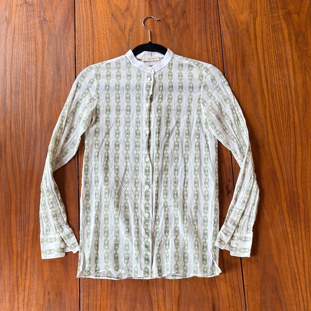 Celine Phoebe Philo Era Triomphe Chain Print Cotton Shirt Size 34 White Green